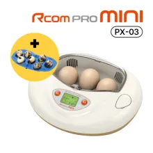 Compact Rcom incubators designed for up to 3 standard chicken eggs or 2 large eggs or 7 small eggs